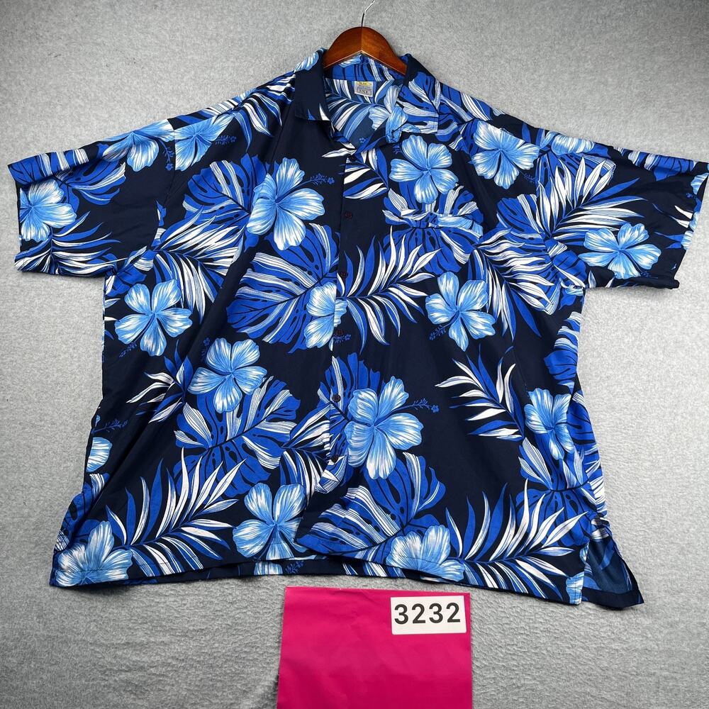 Rima Tropical Floral Print Shirt Beach Casual Button Up Short Sleeve 3XL Blue